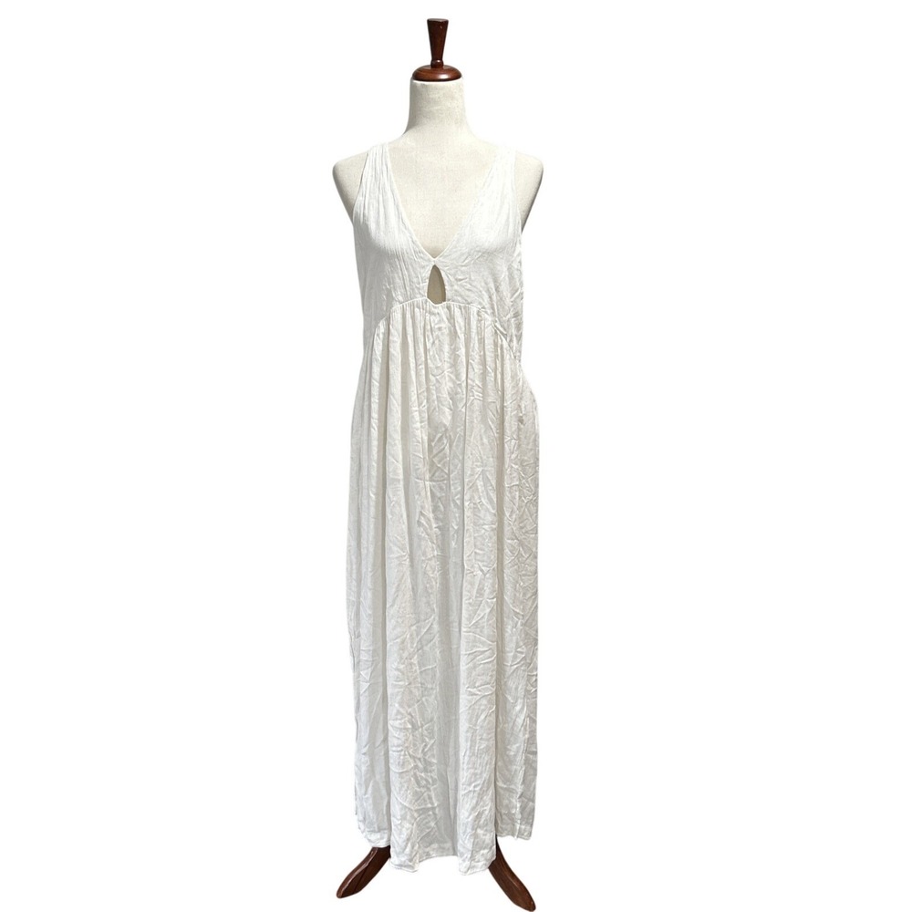 Malai Maxi Dress Medium Ivory Boho Cottagecore Coastal Plunge Back Pleated